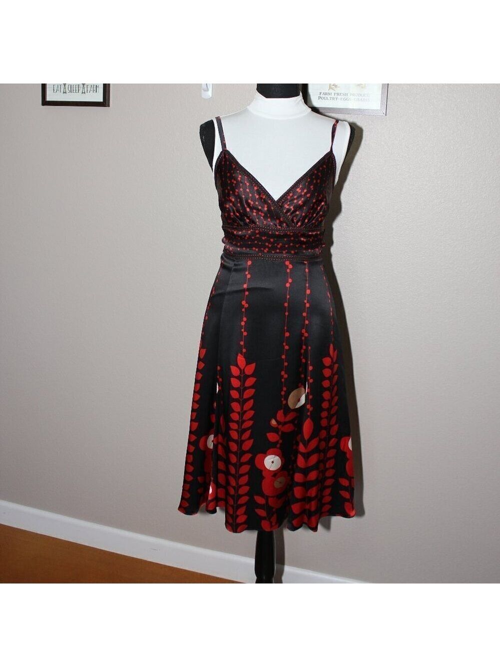Ted Baker Womens 100% Silk Dress Empire Waist Black Red Floral Size Ted 1 US 4